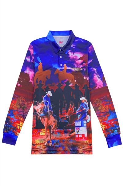 Order online custom-made long-sleeved men's polo shirts, personal design jumping competitions, bullfighting competitions, full-piece printing, dye-sublimation specialty store, three buttons P1431 45 degree